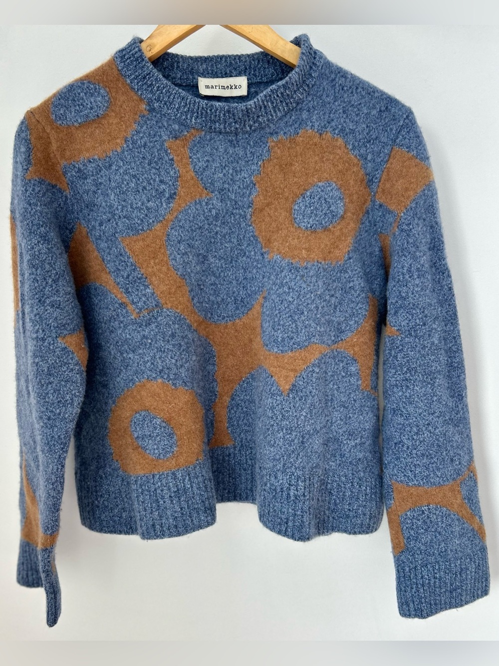 Marimekko Aatto Unikko Knitted Wool Pullover Sweater Blue Brown Mod 22x21